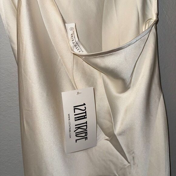 12th Tribe San Marino Slip Dress Ivory Midi Cowl Neck Strappy Satin NWT M - Picture 7 of 11